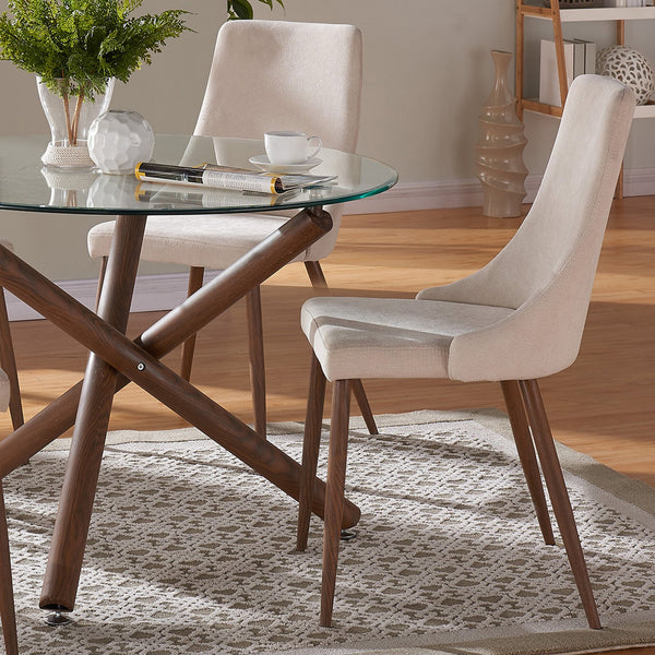 Worldwide Home Furnishings Rocca_Cora Stunning 5-piece Dining Set With Clear Glass Top And Stylish Geometric Design Elements Walnut Table,Beige Chair Metal,Glass,Fabric 207-264/182bg
