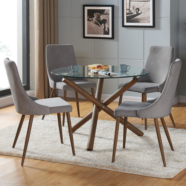 Worldwide Home Furnishings Rocca_Cora Stunning 5-piece Dining Set With Clear Glass Top And Stylish Geometric Design Elements Walnut Table,Grey Chair Metal,Glass,Fabric 207-264/182gy