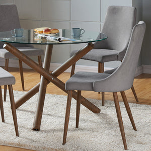 Worldwide Home Furnishings Rocca_Cora Stunning 5-piece Dining Set With Clear Glass Top And Stylish Geometric Design Elements Walnut Table,Grey Chair Metal,Glass,Fabric 207-264/182gy