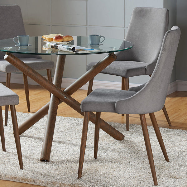 Worldwide Home Furnishings Rocca_Cora Stunning 5-piece Dining Set With Clear Glass Top And Stylish Geometric Design Elements Walnut Table,Grey Chair Metal,Glass,Fabric 207-264/182gy
