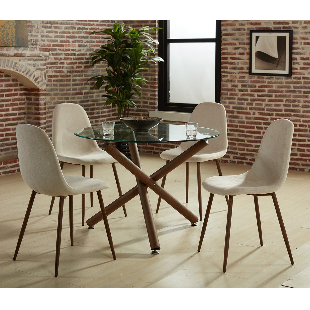 Worldwide Home Furnishings Rocca_Lyna 5-piece Dining Set With Stylish Glass Top, Geometric Design, And Comfortable Chairs Walnut Table,Beige Chair Metal,Glass,Fabric 207-264/250bg