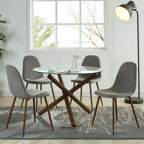 Worldwide Home Furnishings Rocca_Lyna 5-piece Dining Set With Stylish Glass Top, Geometric Design, And Comfortable Chairs Walnut Table,Grey Chair Metal,Glass,Fabric 207-264/250gy