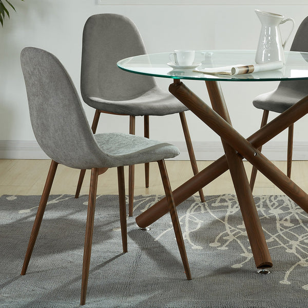 Worldwide Home Furnishings Rocca_Lyna 5-piece Dining Set With Stylish Glass Top, Geometric Design, And Comfortable Chairs Walnut Table,Grey Chair Metal,Glass,Fabric 207-264/250gy