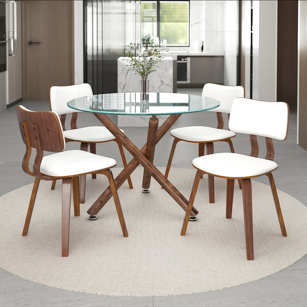 Worldwide Home Furnishings Rocca_Zuni-puwt-5pc Elegant Mid-century Modern Dining Set With Glass Top, Walnut Finish & Chrome Accents Walnut Table,White Chair Metal,Glass,Faux Leather,Wood 207-264_581puwt