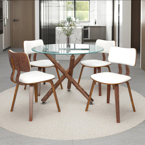 Worldwide Home Furnishings Rocca_Zuni-puwt-5pc Elegant Mid-century Modern Dining Set With Glass Top, Walnut Finish & Chrome Accents Walnut Table,White Chair Metal,Glass,Faux Leather,Wood 207-264_581puwt