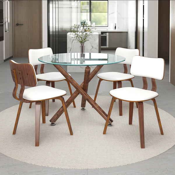 Worldwide Home Furnishings Rocca_Zuni-puwt-5pc Elegant Mid-century Modern Dining Set With Glass Top, Walnut Finish & Chrome Accents Walnut Table,White Chair Metal,Glass,Faux Leather,Wood 207-264_581puwt