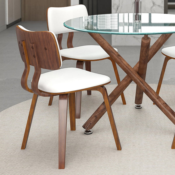 Worldwide Home Furnishings Rocca_Zuni-puwt-5pc Elegant Mid-century Modern Dining Set With Glass Top, Walnut Finish & Chrome Accents Walnut Table,White Chair Metal,Glass,Faux Leather,Wood 207-264_581puwt