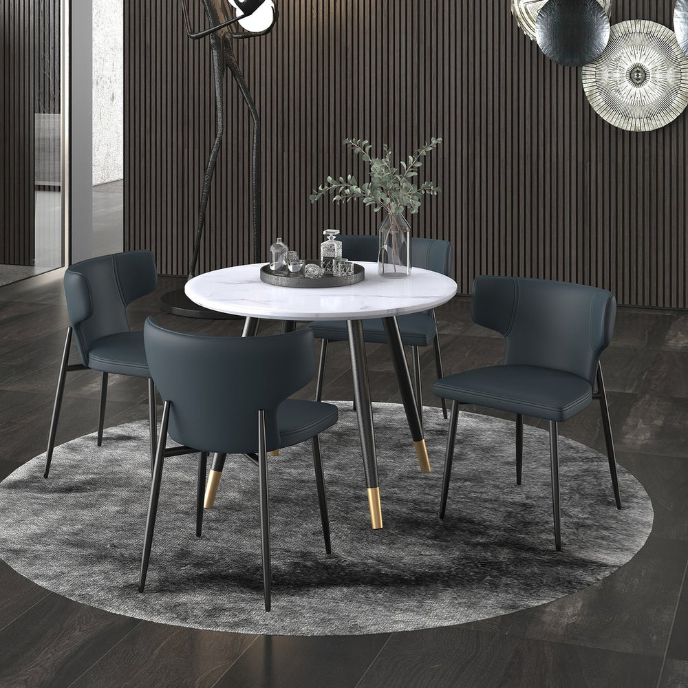 Worldwide Home Furnishings Emery 5-piece Dining Set With Marble-look Table, Aged Gold Accents, And Modern Comfort Chairs White Faux Marble Table,Black Chair Mdf,Metal,Faux Leather 207-294rnd_085pubk