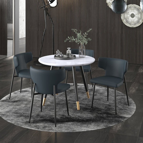 Worldwide Home Furnishings Emery 5-piece Dining Set With Marble-look Table, Aged Gold Accents, And Modern Comfort Chairs White Faux Marble Table,Black Chair Mdf,Metal,Faux Leather 207-294rnd_085pubk