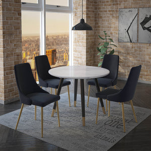 Worldwide Home Furnishings Emery Contemporary Marble-look Dining Set With Aged Gold Accents & Plush Cushions For Elegance White Faux Marble Table,Black Chair Mdf,Metal,Velvet 207-294rnd_353bk