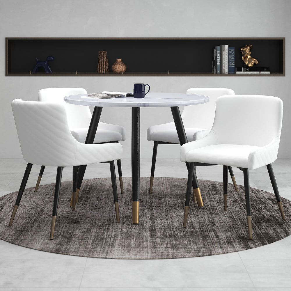 Worldwide Home Furnishings Emery Contemporary Marble-look Dining Set - A-line Black Metal Legs & Plush Mid-century Chairs White Faux Marble Table,White Chair Mdf,Metal,Faux Leather 207-294rnd_620wt