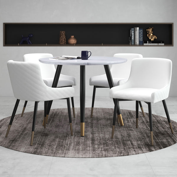 Worldwide Home Furnishings Emery Contemporary Marble-look Dining Set - A-line Black Metal Legs & Plush Mid-century Chairs White Faux Marble Table,White Chair Mdf,Metal,Faux Leather 207-294rnd_620wt