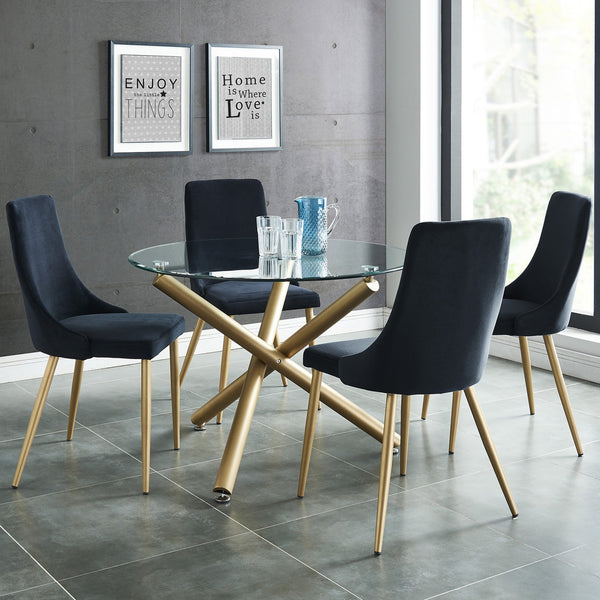 Worldwide Home Furnishings Carmilla Dining 5pc Set - Elegant Glass Table With Soft Cushioned Chairs For Stylish Gatherings Aged Gold Table,Black Chair Metal,Glass,Velvet 207-353gd_Bk