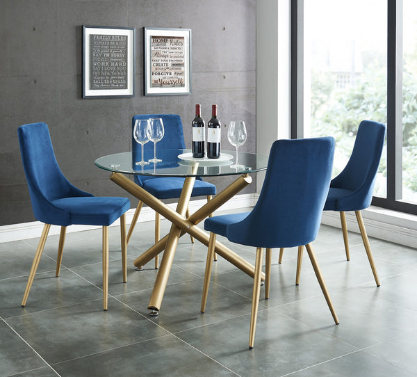 Worldwide Home Furnishings Carmilla Dining 5pc Set - Elegant Glass Table With Soft Cushioned Chairs For Stylish Gatherings Aged Gold Table,Blue Chair Metal,Glass,Velvet 207-353gd_Blu