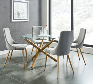 Worldwide Home Furnishings Carmilla Dining 5pc Set - Elegant Glass Table With Soft Cushioned Chairs For Stylish Gatherings Aged Gold Table,Grey Chair Metal,Glass,Velvet 207-353gd_Gy