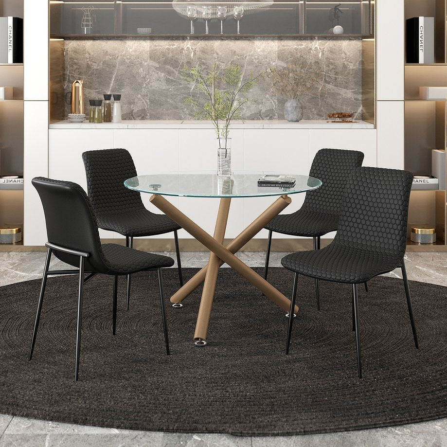 Worldwide Home Furnishings Carmilla_Brixx 5-piece Dining Set With Geometric Glass Table & Honeycomb Upholstered Chairs Aged Gold Table,Black Chair Metal,Glass,Faux Leather 207-353_083blk