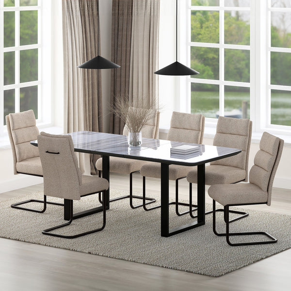 Worldwide Home Furnishings Gavin_Brodi 7-piece Dining Set: Elegant Marble-look Table With Sturdy Black Metal Legs & Chic Chairs Black Table,Beige Chair Glass,Metal,Mdf,Fabric 207-360bk_138beg