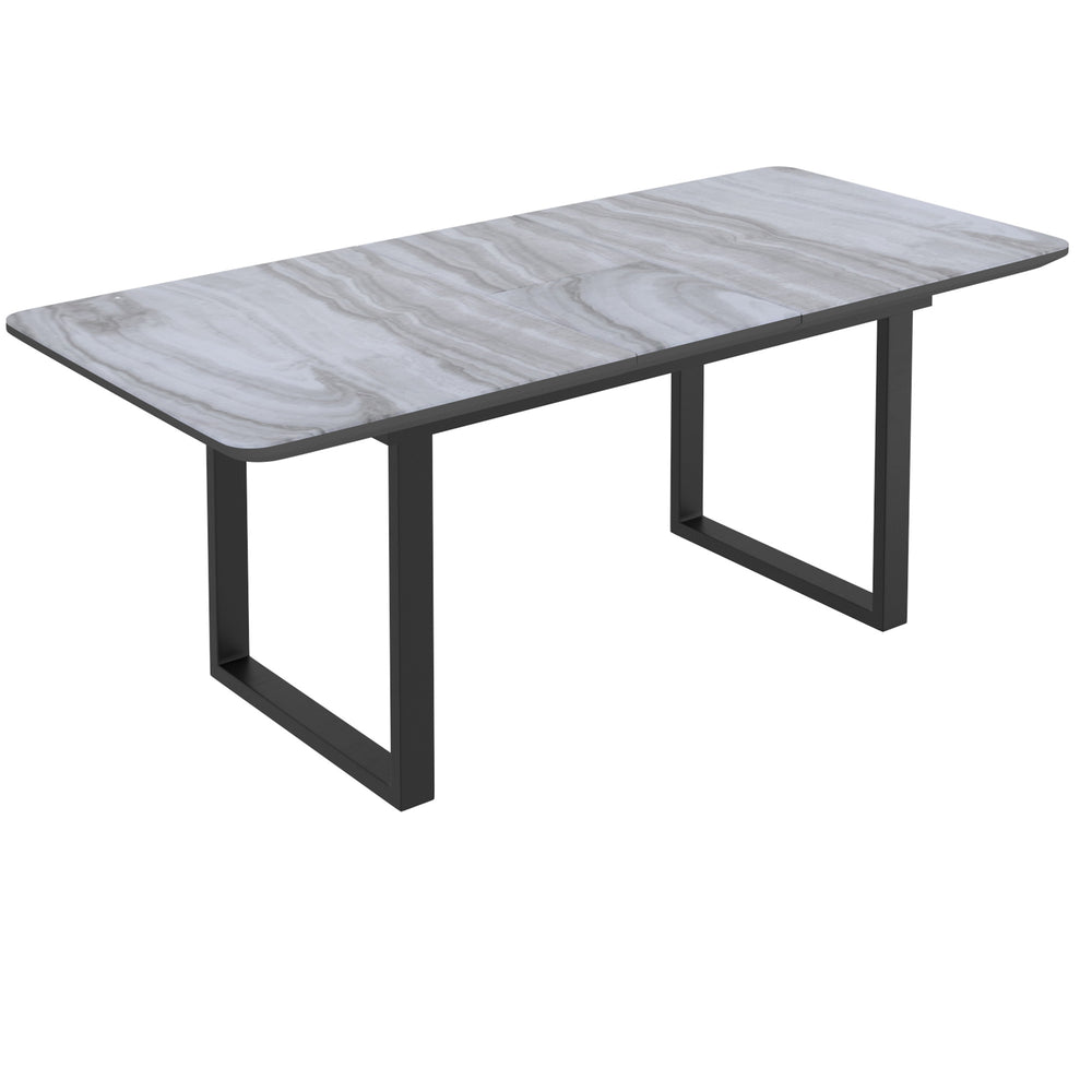 Worldwide Home Furnishings Gavin_Silvano Marble-top 7-piece Dining Set With Self-storing Extension & Vintage Faux Leather Chairs Black Table,Vintage Grey Chair Glass,Metal,Mdf,Faux Leather 207-360bk/429gy