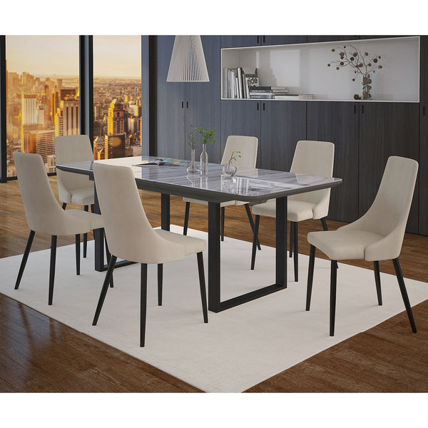 Worldwide Home Furnishings Gavin_Venice 7-piece Dining Set With Marble-look Glass Top, Modern Design & Self-storing Extension Black Table,Beige Chair Glass,Metal,Mdf,Fabric 207-360bk/536bg