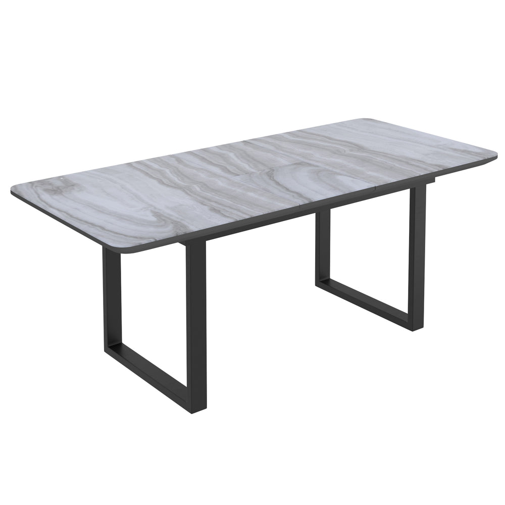 Worldwide Home Furnishings Gavin_Venice 7-piece Dining Set With Marble-look Glass Top, Modern Design & Self-storing Extension Black Table,Beige Chair Glass,Metal,Mdf,Fabric 207-360bk/536bg