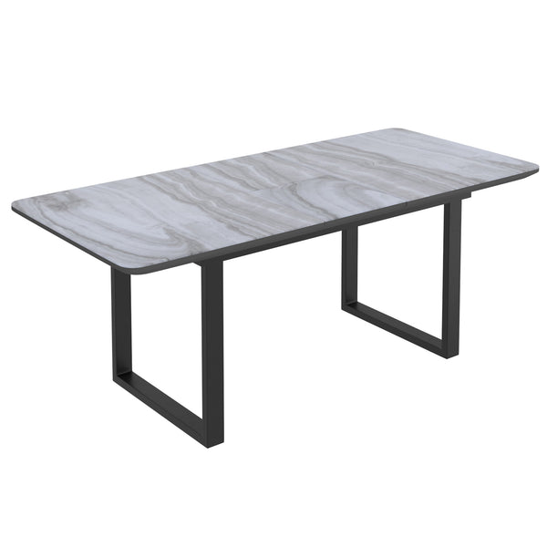 Worldwide Home Furnishings Gavin_Venice 7-piece Dining Set With Marble-look Glass Top, Modern Design & Self-storing Extension Black Table,Beige Chair Glass,Metal,Mdf,Fabric 207-360bk/536bg