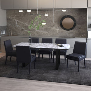 Worldwide Home Furnishings Gavin_Cortez Modern 7-piece Dining Set With Marble-look Top, Sturdy Metal Legs, And Comfort Chairs Black Table,Black Chair Glass,Metal,Mdf,Faux Leather 207-360_081blk_Bk