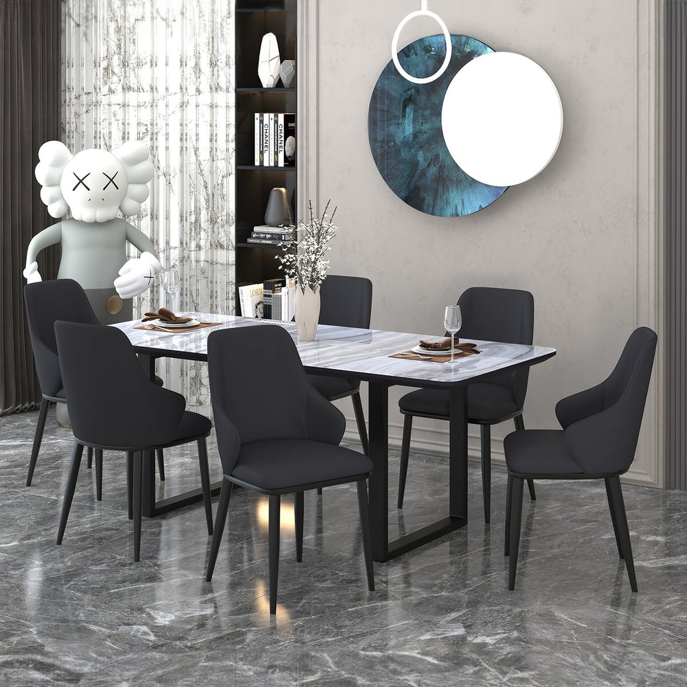Worldwide Home Furnishings Gavin_Kash 7-piece Modern Dining Set With Marble-look Glass Top And Ergonomic Chairs For Comfort Black Table,Black Chair Glass,Metal,Mdf,Faux Leather 207-360_084blk