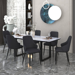 Worldwide Home Furnishings Gavin_Kash 7-piece Modern Dining Set With Marble-look Glass Top And Ergonomic Chairs For Comfort Black Table,Black Chair Glass,Metal,Mdf,Faux Leather 207-360_084blk