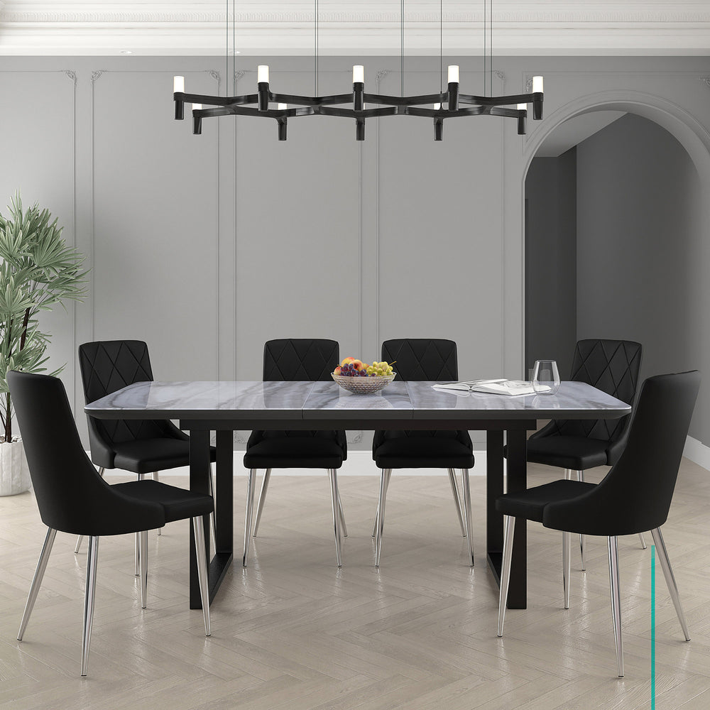 Worldwide Home Furnishings Gavin_Devo Modern 7-piece Dining Set With Marble-top Table & Stylish Faux Leather Chairs Black Table,Black Chair Glass,Metal,Mdf,Faux Leather 207-360/087bk