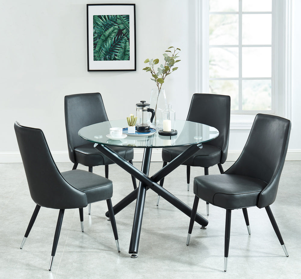 Worldwide Home Furnishings Suzette_Silvano Contemporary Glass Dining Set With Plush Chairs For Small Spaces And Stylish Comfort Black Table,Vintage Grey Chair Metal,Glass,Faux Leather 207-476/429gy