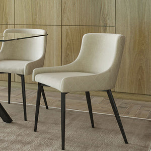 Worldwide Home Furnishings Stark Modern 7-piece Dining Set With Clear Glass Tabletop & Plush Mid-century Chairs For Style Black Table,Black And Beige Chair Metal,Glass,Fabric 207-535bk/086bg