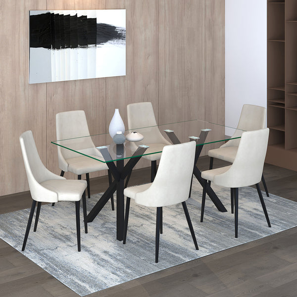 Worldwide Home Furnishings Stark 7pc Venice Dining Set – Modern Glass Table With Geometric Base & Stylish Upholstered Chairs Black Table,Beige Chair Metal,Glass,Fabric 207-535bk/536bg