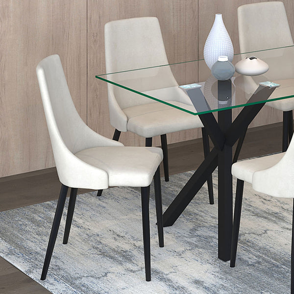 Worldwide Home Furnishings Stark 7pc Venice Dining Set – Modern Glass Table With Geometric Base & Stylish Upholstered Chairs Black Table,Beige Chair Metal,Glass,Fabric 207-535bk/536bg