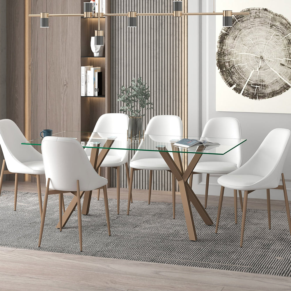 Worldwide Home Furnishings Stark 7-piece Dining Set With Tempered Glass Top, Stylish Geometric Base, And Plush Chairs In Gold Aged Gold Table,White Chair Metal,Glass,Faux Leather 207-535gl_636wt