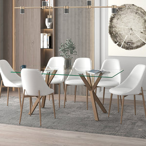 Worldwide Home Furnishings Stark 7-piece Dining Set With Tempered Glass Top, Stylish Geometric Base, And Plush Chairs In Gold Aged Gold Table,White Chair Metal,Glass,Faux Leather 207-535gl_636wt