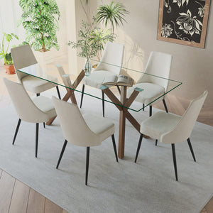 Worldwide Home Furnishings Stark Modern 7-piece Dining Set With Glass Top, Geometric Base, And Vintage Faux Leather Chairs Walnut Table,Beige Chair Metal,Glass,Fabric 207-535wal_158beg