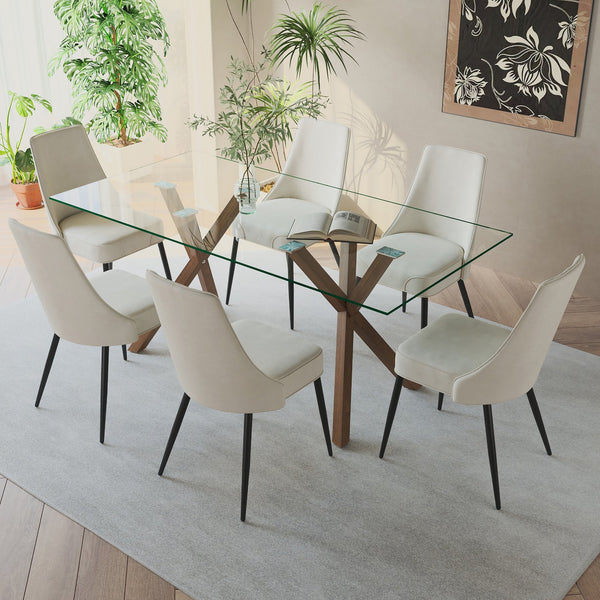 Worldwide Home Furnishings Stark Modern 7-piece Dining Set With Glass Top, Geometric Base, And Vintage Faux Leather Chairs Walnut Table,Beige Chair Metal,Glass,Fabric 207-535wal_158beg