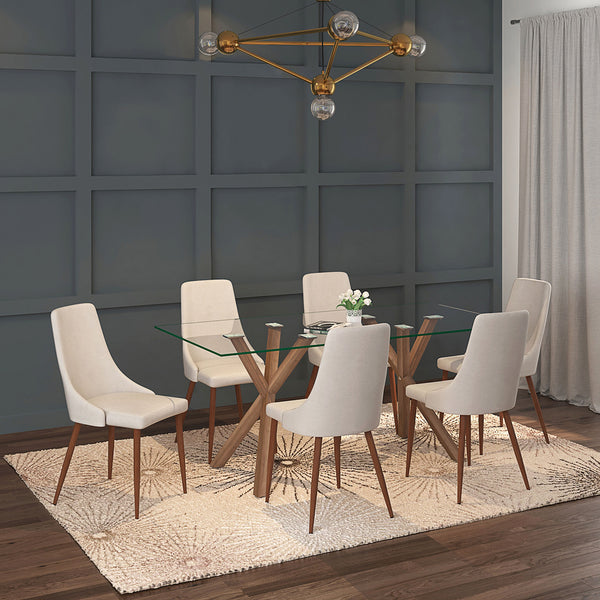 Worldwide Home Furnishings Stark Modern 7-piece Dining Set With Geometric Glass Tabletop & Stylish Upholstered Chairs Walnut Table,Beige Chair Metal,Glass,Fabric 207-535wl/182bg