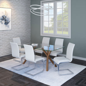 Worldwide Home Furnishings Stark 7pc Dining Set - Modern Tempered Glass Table With Geometric Base & Stylish Faux Leather Chairs Walnut Table,White Chair Metal,Glass,Faux Leather 207-535wl/489wt