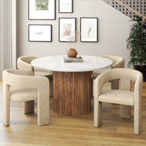 Worldwide Home Furnishings Jilsa Luxe 5-piece Dining Set: Solid Mango Wood Table & Upholstered Chairs For Chic Elegance Walnut,White,Beige Solid Wood,Marble,Fabric 207-551wal_933bg