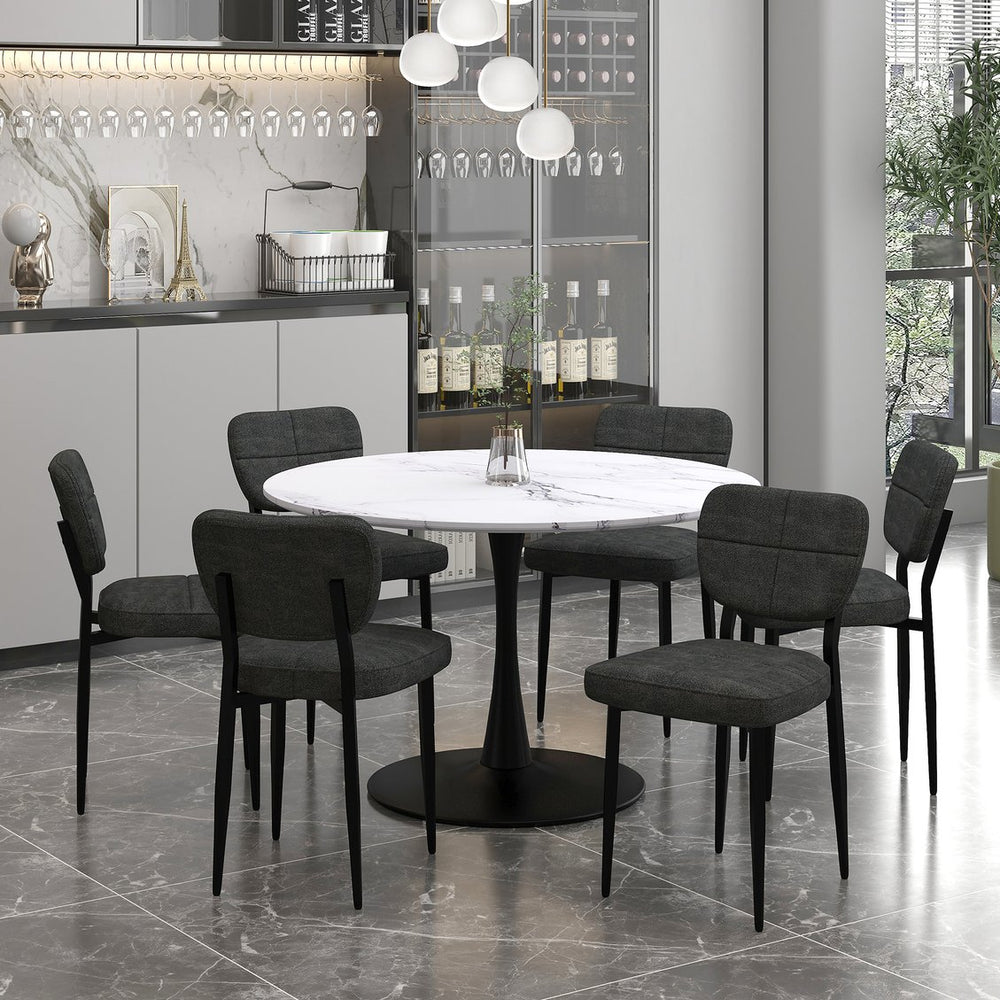Worldwide Home Furnishings Zilo 7-piece Dining Set With Faux Marble Table & Stylish Mid-century Chairs For Elegant Dining White And Black Table,Charcoal Chair Mdf,Metal,Fabric 207-671lbk_090ch