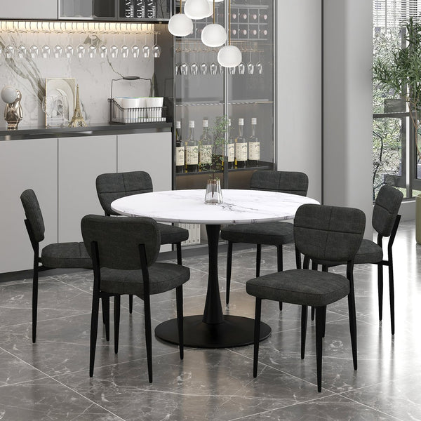 Worldwide Home Furnishings Zilo 7-piece Dining Set With Faux Marble Table & Stylish Mid-century Chairs For Elegant Dining White And Black Table,Charcoal Chair Mdf,Metal,Fabric 207-671lbk_090ch