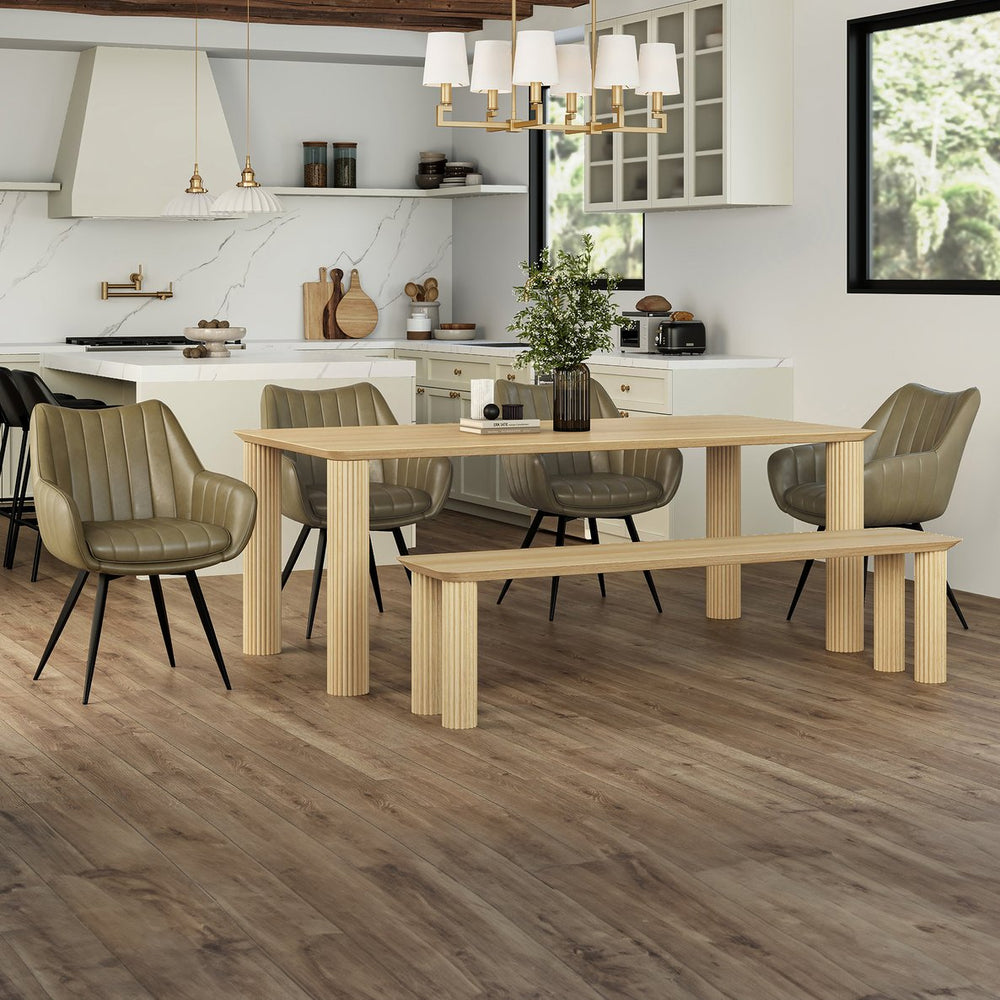 Worldwide Home Furnishings Sangra Solid Mango Wood 6-piece Dining Set With Chic Swivel Chairs & Vintage Faux Leather Upholstery Natural Table,Moss Chair Solid Wood,Faux Leather,Metal 207-751natlg_139ms