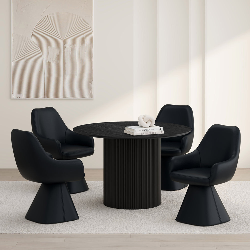 Worldwide Home Furnishings Tovas Elegant 5-piece Caprese Dining Set With Reeded Wood Base & Swivel Upholstered Chairs Black Table,Black Chair Eng. Wood,Oak Veneer,Faux Leather 207-782blk_269blk