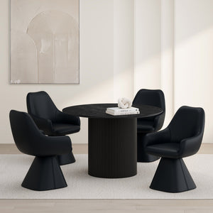 Worldwide Home Furnishings Tovas Elegant 5-piece Caprese Dining Set With Reeded Wood Base & Swivel Upholstered Chairs Black Table,Black Chair Eng. Wood,Oak Veneer,Faux Leather 207-782blk_269blk