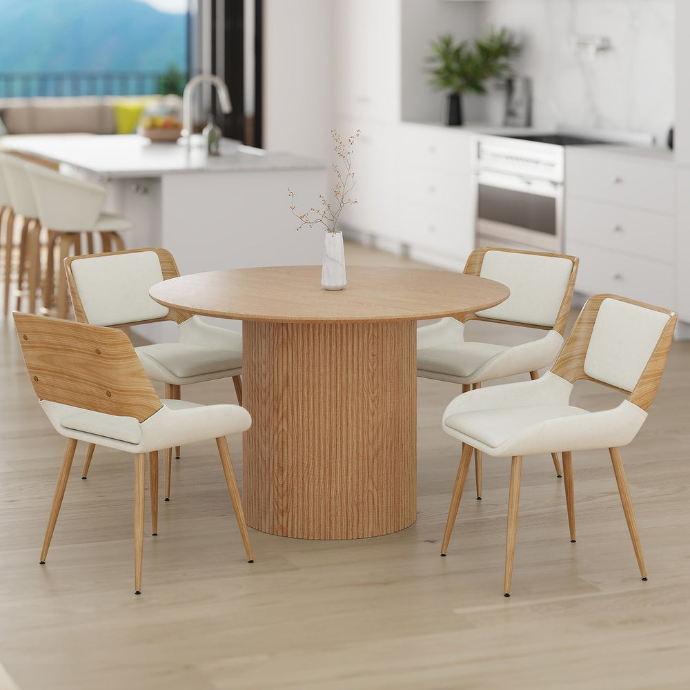 Worldwide Home Furnishings Tovas Round Pedestal 5-piece Dining Set - Mid-century Modern Design With Reeded Wood Charm Natural Table,Beige Chair Eng. Wood,Oak Veneer,Fabric,Metal 207-782nat_582bg