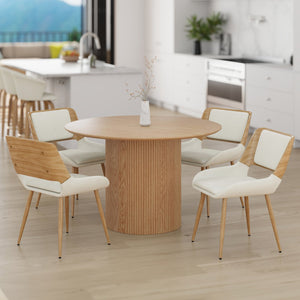 Worldwide Home Furnishings Tovas Round Pedestal 5-piece Dining Set - Mid-century Modern Design With Reeded Wood Charm Natural Table,Beige Chair Eng. Wood,Oak Veneer,Fabric,Metal 207-782nat_582bg