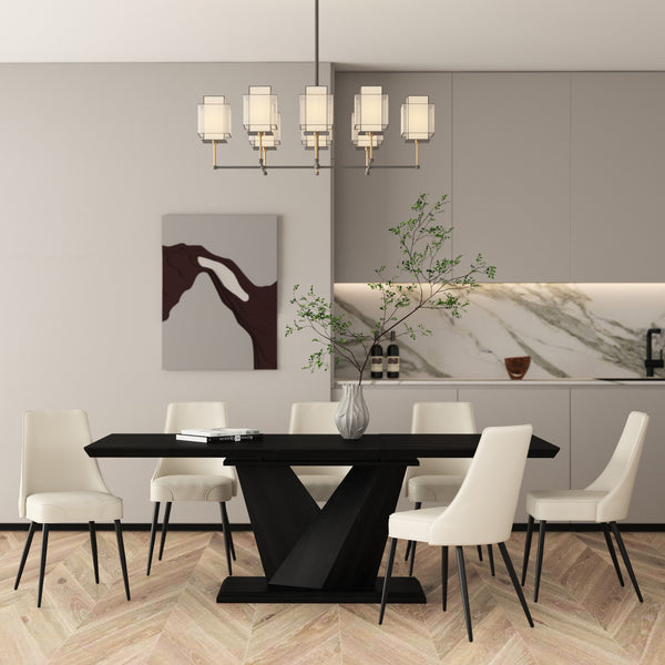Worldwide Home Furnishings Eclipse 7pc Dining Set - Stylish Extension Table With Geometric Design & Plush Vintage Faux Leather Chairs Black Table,Beige Chair Select Solids,Faux Leather,Metal 207-860bk_158pubg