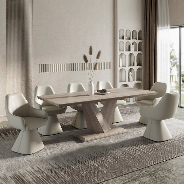 Worldwide Home Furnishings Eclipse Modern Caprese 7-piece Dining Set With Stylish Extension Table And Elegant Swivel Chairs Washed Oak Table,Beige Chair Select Solids & Veneer,Faux Leather 207-860ok_269beg