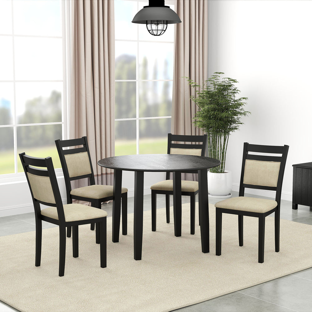 Worldwide Home Furnishings Conrad-5pc Stylish Round Dining Set With Double-drop Leaf Table And Comfortable Cushioned Chairs Black Table,Black Chair Wood,Fabric 207-863blk_5pc